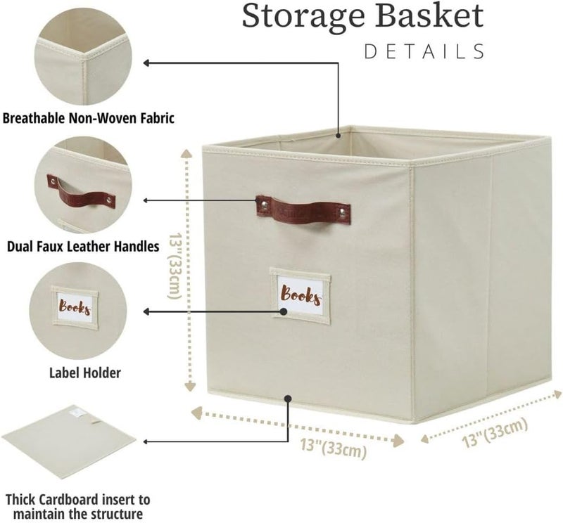 DECOMOMO Fabric Storage Cubes, Storage Bins with Labels, Baskets for Shelves Kallax Closet Toy (Cube 13" / 6pcs, Beige) - Image 3