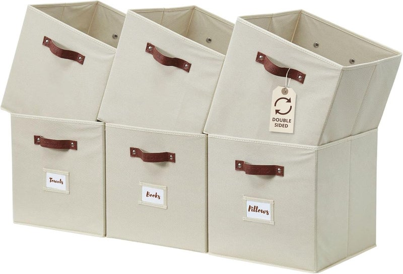 DECOMOMO Fabric Storage Cubes, Storage Bins with Labels, Baskets for Shelves Kallax Closet Toy (Cube 13" / 6pcs, Beige) - Image 1