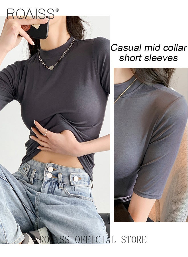 roaiss - Women Mid Length Long Sleeve Base Layer Semi Turtleneck Design for an Elegant and Sophisticated Look Figure Enhancing Slim Fit with Solid Color Design Timeless and Versatile Women Business Casual Top - Image 1