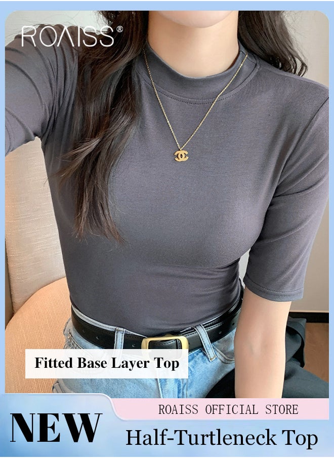 roaiss - Women Mid Length Long Sleeve Base Layer Semi Turtleneck Design for an Elegant and Sophisticated Look Figure Enhancing Slim Fit with Solid Color Design Timeless and Versatile Women Business Casual Top - Image 1