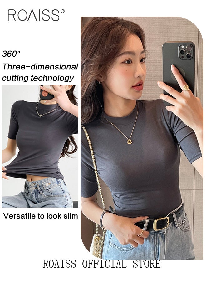 roaiss - Women Mid Length Long Sleeve Base Layer Semi Turtleneck Design for an Elegant and Sophisticated Look Figure Enhancing Slim Fit with Solid Color Design Timeless and Versatile Women Business Casual Top - Image 1