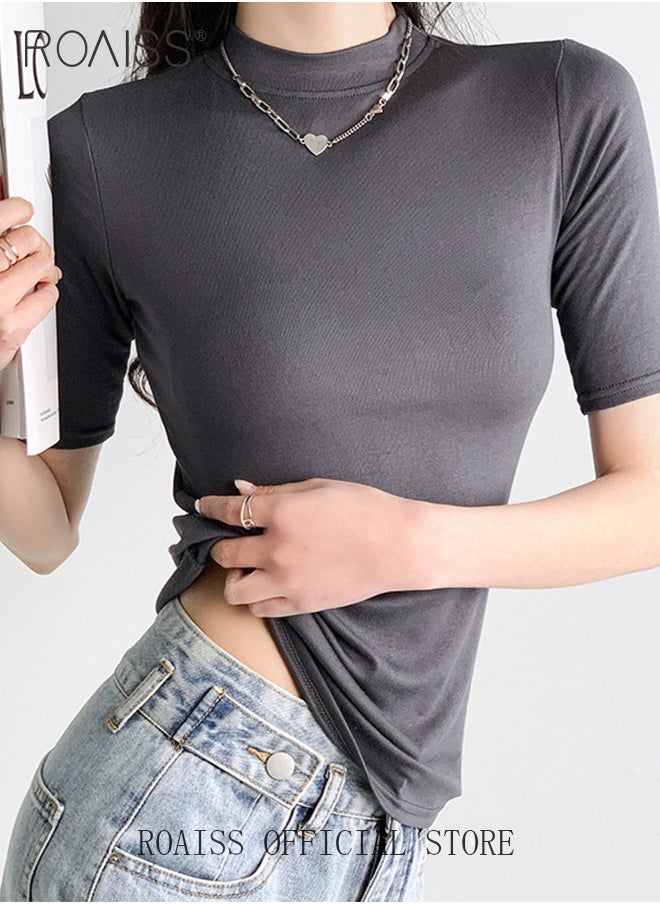 roaiss - Women Mid Length Long Sleeve Base Layer Semi Turtleneck Design for an Elegant and Sophisticated Look Figure Enhancing Slim Fit with Solid Color Design Timeless and Versatile Women Business Casual Top - Image 1