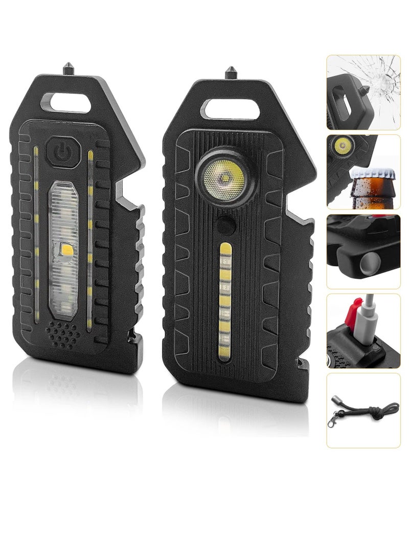LED Small Flashlight, 2 Pcs Bright Rechargeable Keychain Flashlights 3 Light Modes Portable Magnetic Pocket Light with Hanging Rope Bottle Opener Window Breaker Whistle for Fishing Camping - Image 1