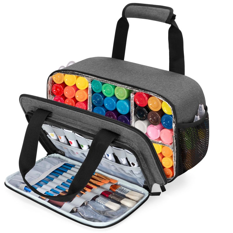 Acrylic Paint Organizer Bag for up to 54 Bottles 2 oz Art Supply Storage Case with Handle Strap Extra Pocket for Paint Brushes etc Aluminum Foil Liner for Easy Cleaning Patented Design Grey