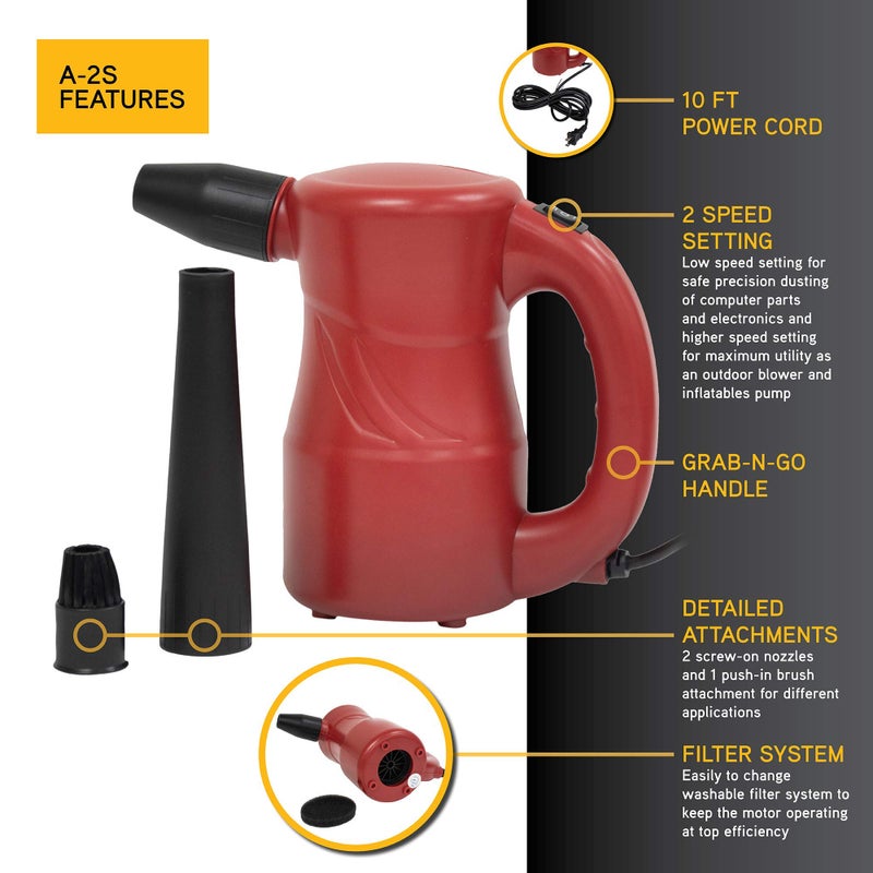 XPOWER A-2S Cyber Duster Electric Air Duster for Dusting, Drying, Inflating, Blowing, Car Detailing, Computer, Leaf Blowing, 90 CFM, 2 Nozzles + 1 Brush, High Performance Motor, Eco-Friendly, Red - Image 3