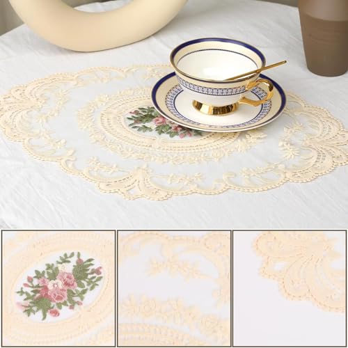 RupeeRise 2 Pcs Round Table Matse, Vintage Lace Cloth for Dining Table, Study Table,Handmade Embroidered Table Mats(42cm/16.5in*30cm/12in)（Beige） - Image 5