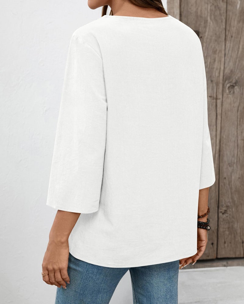 LOMON 3/4 Length Sleeve Womens Tops Casual Cotton Linen V Neck Shirt Spring Dressy Boho Tops Peasant Blouses(White,2XL) - Image 4
