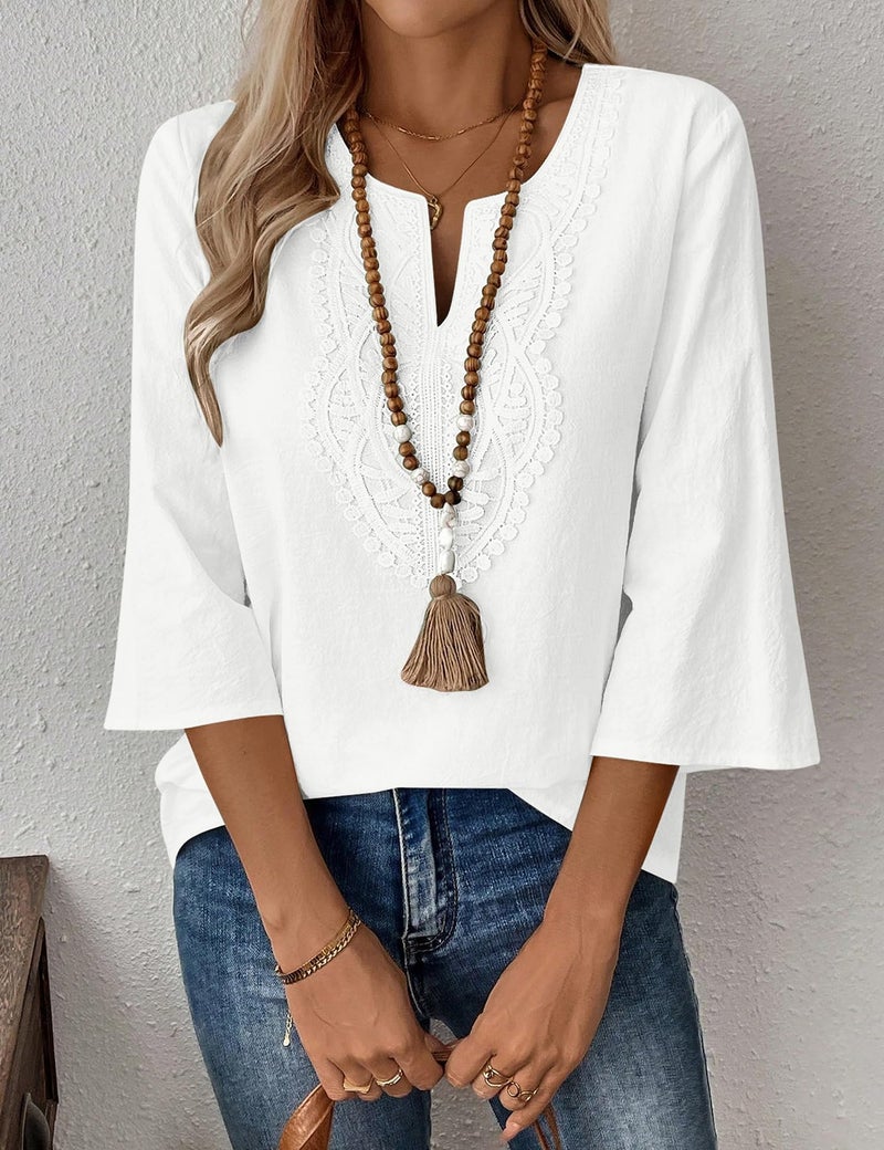 LOMON 3/4 Length Sleeve Womens Tops Casual Cotton Linen V Neck Shirt Spring Dressy Boho Tops Peasant Blouses(White,2XL) - Image 2