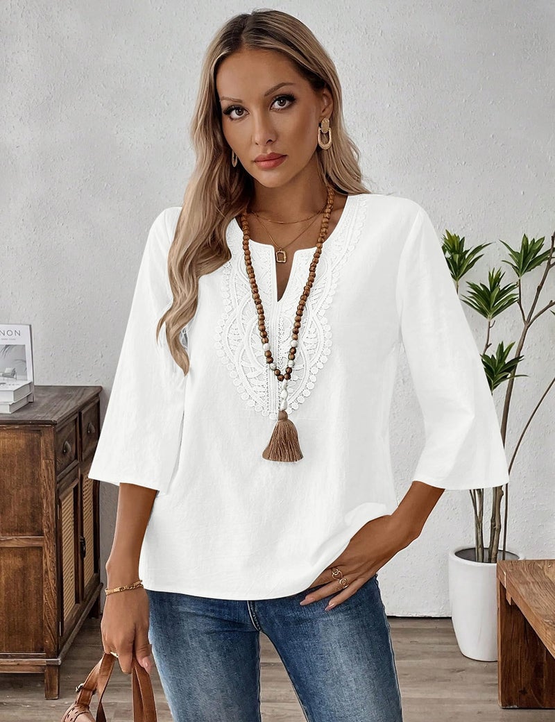 LOMON 3/4 Length Sleeve Womens Tops Casual Cotton Linen V Neck Shirt Spring Dressy Boho Tops Peasant Blouses(White,2XL) - Image 3