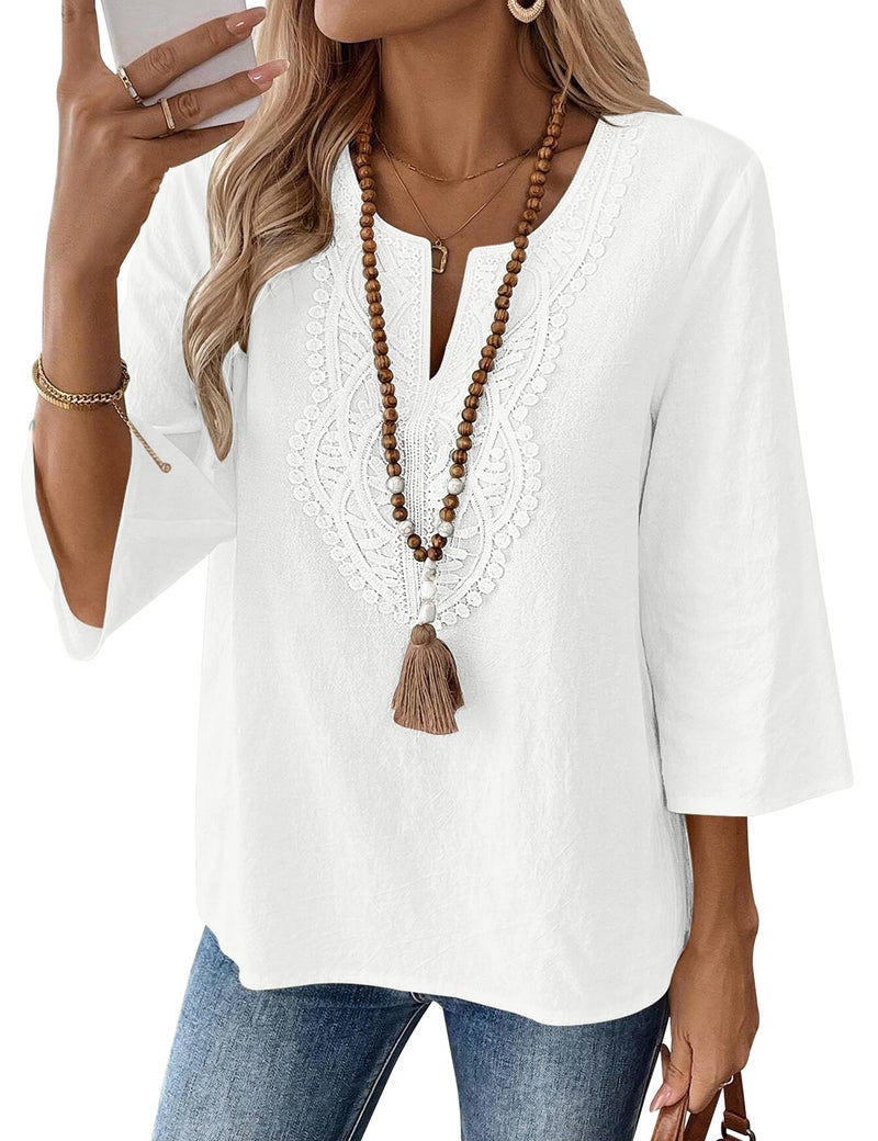 LOMON 3/4 Length Sleeve Womens Tops Casual Cotton Linen V Neck Shirt Spring Dressy Boho Tops Peasant Blouses(White,2XL) - Image 1