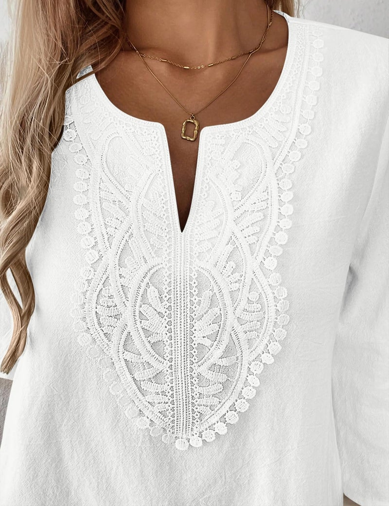 LOMON 3/4 Length Sleeve Womens Tops Casual Cotton Linen V Neck Shirt Spring Dressy Boho Tops Peasant Blouses(White,2XL) - Image 5