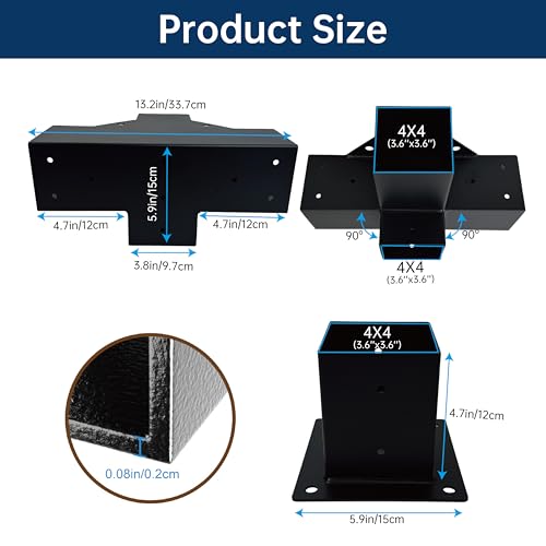 MEWSDEN Pergola Bracket Kit 4x4, 2pcs 4-Way Heavy Duty Corner Bracket and 2pcs Base, Used to Connect Extended Pavilion Wooden Beams, for Gazebo, Patio Pergolas, Log Cabin Outdoor, Wood Stand Sheds - Image 2