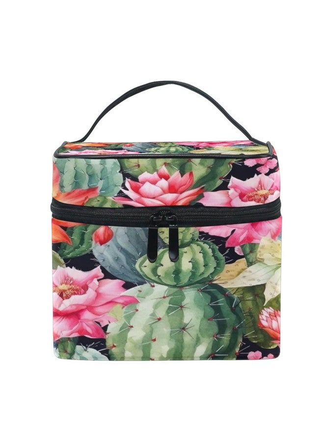WELLDAY Makeup Bag Watercolor Cactus Portable Travel Cosmetic Case Toiletry Organizer for Women - Image 1