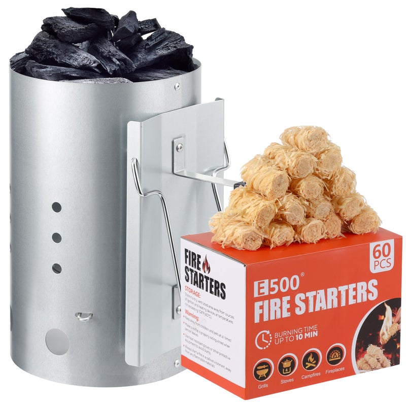 E500 Larger Charcoal Chimney Starter with 60Pcs Charcoal Starter, Coal Chimney Starter for Grill, BBQ Fire Starter Kit - Image 1