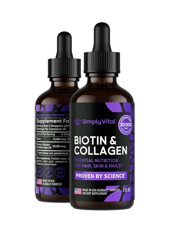SimplyVital Simply Vital Liquid Collagen & Biotin Vitamins For Hair Skin And Nails Biotin 10000 Mcg & Collagen 20000 Mcg Hair Growth Supplement For Women & Men Made In Usa 99% Absorption Liquid Biotin  - Image 1
