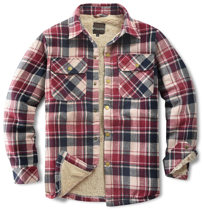 Puwasa Mens Sherpa Lined Cotton Flannel Shirt Jacket Plaid Button Up Jacket Coat for Men with Pocket Red Medium