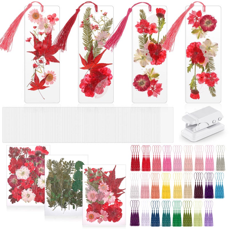 Fuyoooo 150 Pcs Dried Flower Bookmark Making Kit, DIY Pressed Flower Transparent Bookmark Laminating Pouches 2 x 6 Inch DIY Projects Party Favor Gift Tag Bulk for Book Lovers (Red Color) - Image 1