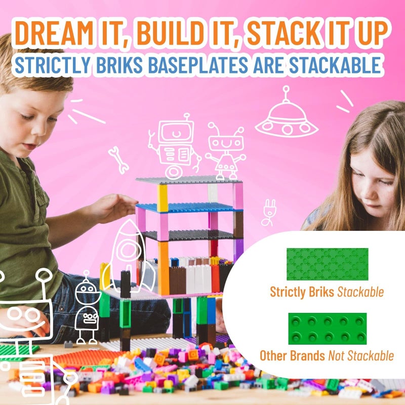 Strictly Briks ألواح قاعدة قابلة للتكديس من ستريكتلي بريكس - متوافقة مع مكعبات ليغو - لعبة بناء إبداعية للأعمار من 3 سنوات فما فوق - مكعبات قابلة للتكديس متينة - 6 ألواح قاعدة، 50 مكعب تكديس، 10" × 10"، أزرق، أخضر، رمادي - Image 5