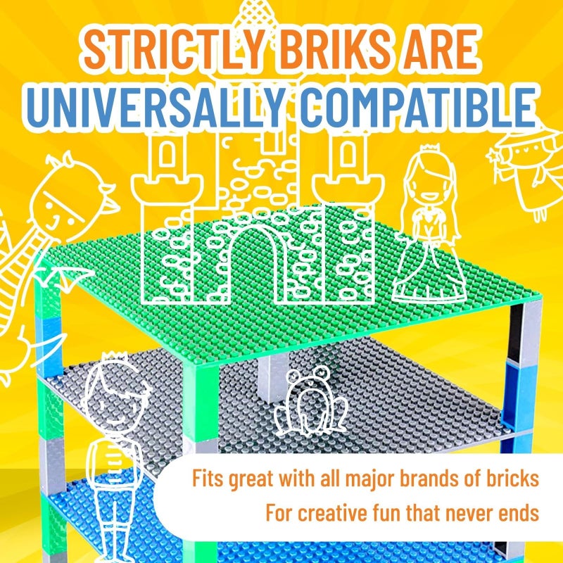 Strictly Briks ألواح قاعدة قابلة للتكديس من ستريكتلي بريكس - متوافقة مع مكعبات ليغو - لعبة بناء إبداعية للأعمار من 3 سنوات فما فوق - مكعبات قابلة للتكديس متينة - 6 ألواح قاعدة، 50 مكعب تكديس، 10" × 10"، أزرق، أخضر، رمادي - Image 4