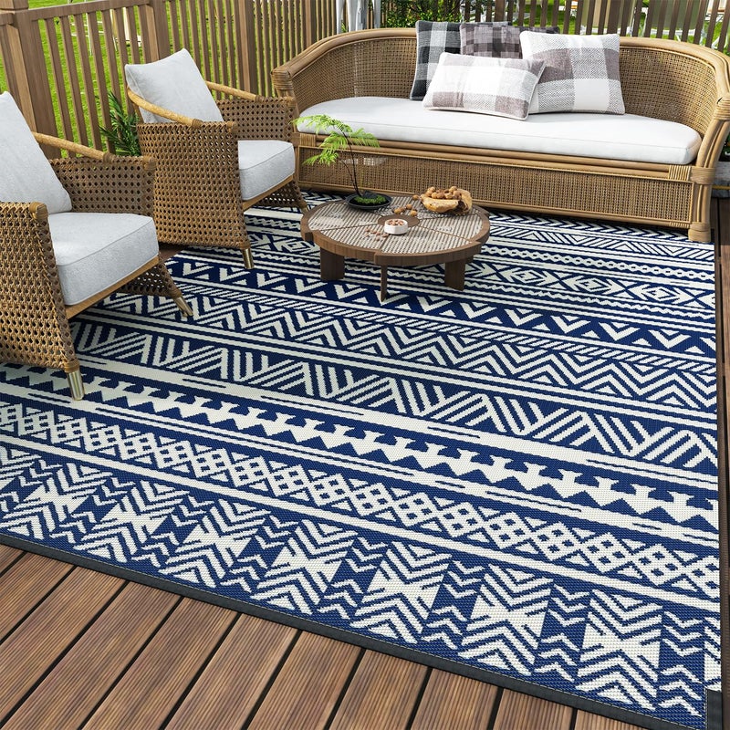 MontVoo MontVoo Outdoor Rug Carpet Waterproof 6x9 Outdoor Patio Rug Mat Reverisble Plastic Straw Outdoor Rug for RV Camping Picnic Beach Balcony Boho Navy Blue 