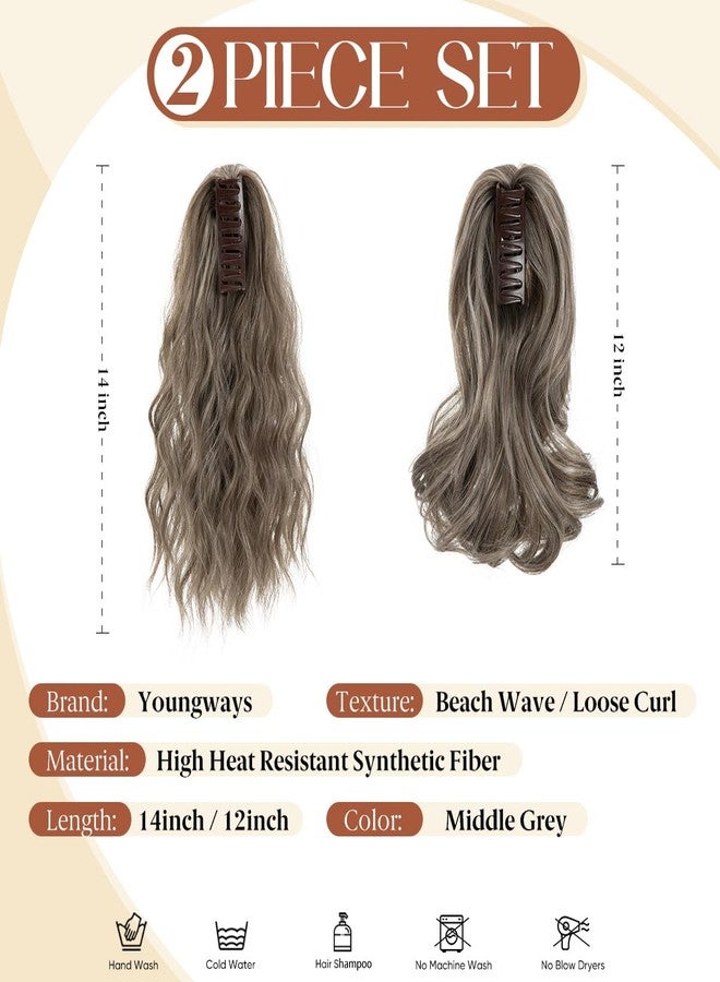 youngways 2 PCS Ponytail Extensions Claw Clip Short Pony Tails Wavy Curly Synthetic Hairpieces for Women 12 Inch + 14Inch Set Middle Grey - Image 2