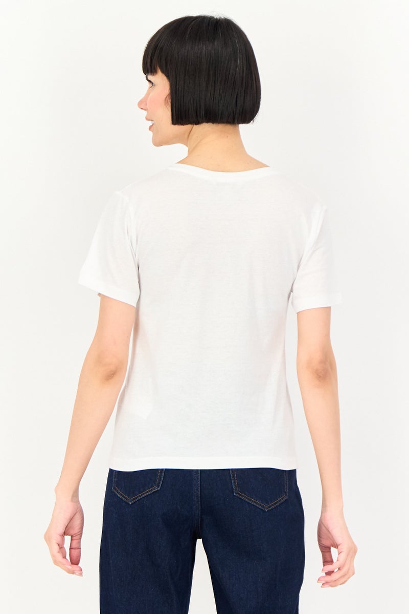 BRAVE SOUL Women V-Neck Short Sleeve Plain T-Shirt, White - Image 4