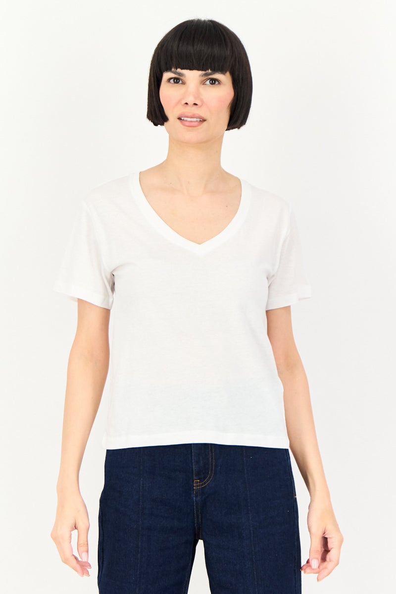 BRAVE SOUL Women V-Neck Short Sleeve Plain T-Shirt, White - Image 1