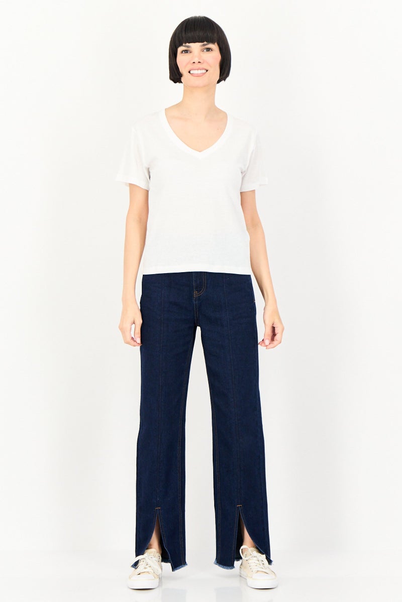 BRAVE SOUL Women V-Neck Short Sleeve Plain T-Shirt, White - Image 2