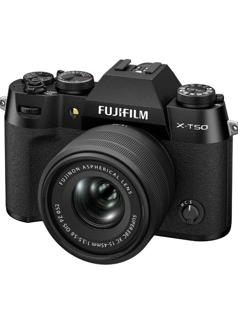 فوجي فيلم كاميرا رقمية بدون مرآة X-T50 مع عدسة XC 15-45mm – مستشعر 40.2 ميجابكسل، فيديو 6.2K، تثبيت صورة داخل الجسم، قرص محاكاة الفيلم، تركيز تلقائي بالذكاء الاصطناعي – أسود مجموعة بداية شاملة - Image 2