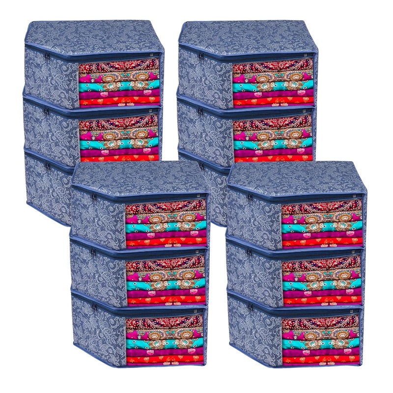 Kuber Industries Pack of 12 Blouse Storage Bag Blouse Bag for Wardrobe LightweightPortable Garments Bag Visible Window Clothes Organizer Blouse Bag for Travel Flower Printed Navy Blue - Image 1