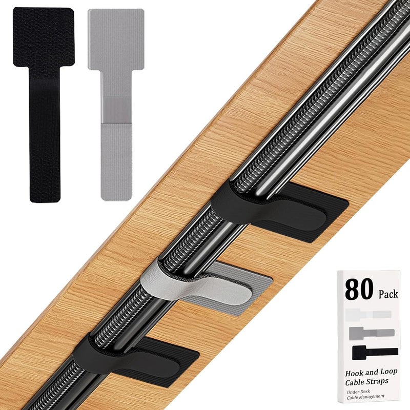 Sereficy 80PCS Hook and Loop Cable Straps, Cable Management Under Desk, Adhesive Cable Tie, Reusable Wire Organizer for Cords, Cord Management, Computer Accessories for Desk, Home Office Essentials, Black+Gray - Image 1