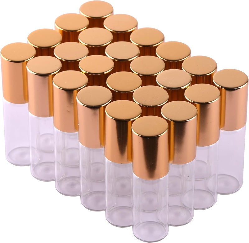 MaxMau Roller Bottles for Essential Oils, 24pcs 5ml Roll on Bottle Clear Glass Sample Test Refillable with Opener Funnel Dropper Golden Cap For Home Travel - Image 1