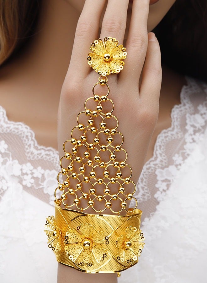 Two Piece Copper Gold Plated Cut-Out Flower Bracelet Ring Dubai Women's Bridal Wedding Jewelry