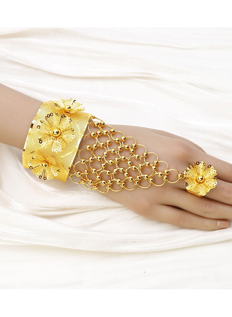 Two Piece Copper Gold Plated Cut-Out Flower Bracelet Ring Dubai Women's Bridal Wedding Jewelry