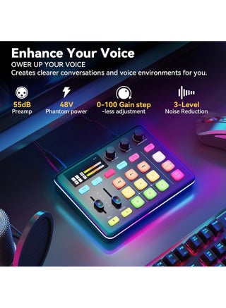 Gaming Audio Mixer - Sound Card with XLR/TRS Microphone, 48V Phantom Power, Voice Changer, Noise Reductiuon - DJ Mixer - Audio Mixer for Live Streaming, Podcasting, Recording, Singing, Gaming, Tiktok, YouTube, PC, Computer - view 2