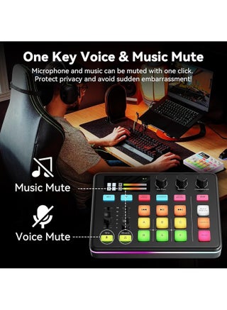 Gaming Audio Mixer - Sound Card with XLR/TRS Microphone, 48V Phantom Power, Voice Changer, Noise Reductiuon - DJ Mixer - Audio Mixer for Live Streaming, Podcasting, Recording, Singing, Gaming, Tiktok, YouTube, PC, Computer - view 5