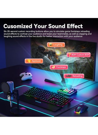 Gaming Audio Mixer - Sound Card with XLR/TRS Microphone, 48V Phantom Power, Voice Changer, Noise Reductiuon - DJ Mixer - Audio Mixer for Live Streaming, Podcasting, Recording, Singing, Gaming, Tiktok, YouTube, PC, Computer - view 4