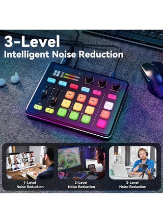 Gaming Audio Mixer - Sound Card with XLR/TRS Microphone, 48V Phantom Power, Voice Changer, Noise Reductiuon - DJ Mixer - Audio Mixer for Live Streaming, Podcasting, Recording, Singing, Gaming, Tiktok, YouTube, PC, Computer - view 3