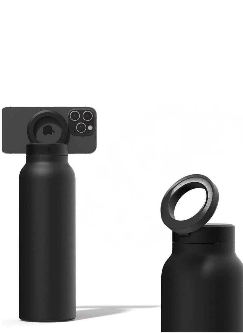 Phone Planet 700ml Water Bottle with an innovative magnetic lid to hold your phone securely in place while shooting and exercising Enjoy hot or cold water Easy to clean design a wide opening and a non tip design Black - Image 1