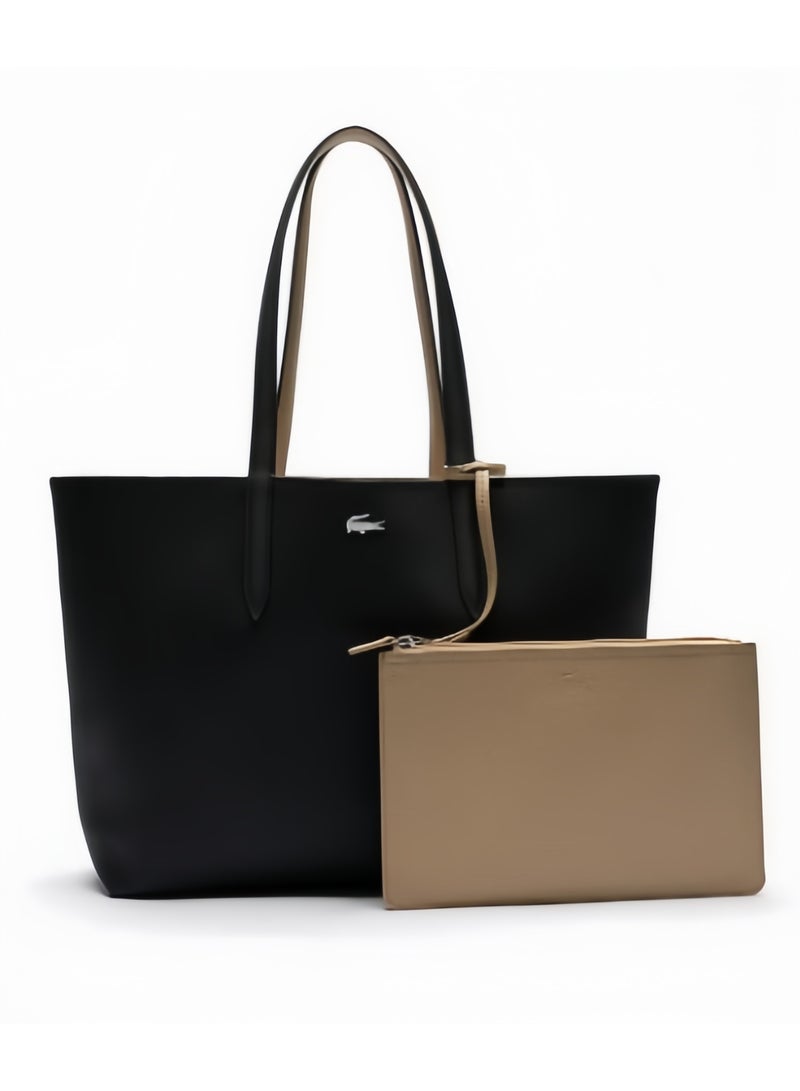 لاكوست حقيبة يد ذات وجهين ذات نغمتين كبيرة السعة، أنيقة متعددة الوظائف، أسود/بني - Image 1