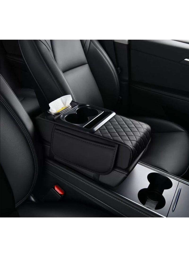 5-in-1 Center Console Cover Organizer, Arm Rest Cover for Car with Cup Holder & Storage Pocket & Tissue Box, Armrest Cover Cushion Pad, Water Ripples, Black - Image 2