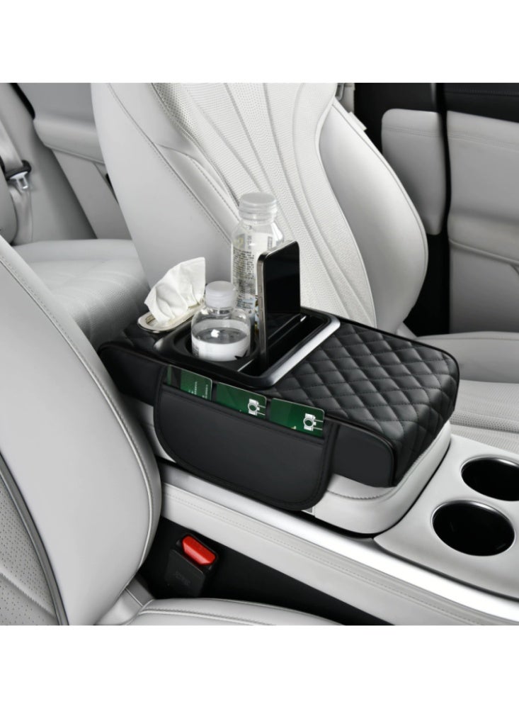 5-in-1 Center Console Cover Organizer, Arm Rest Cover for Car with Cup Holder & Storage Pocket & Tissue Box, Armrest Cover Cushion Pad, Water Ripples, Black - Image 1