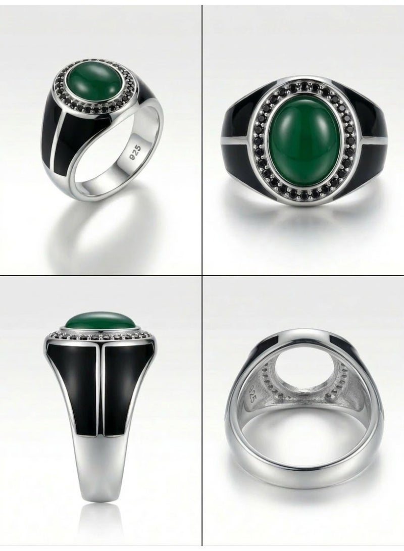 FINE SILVER 925 Sterling Silver Men's Modern Signet Ring with Oval Green Stone and Black Enamel - Image 2