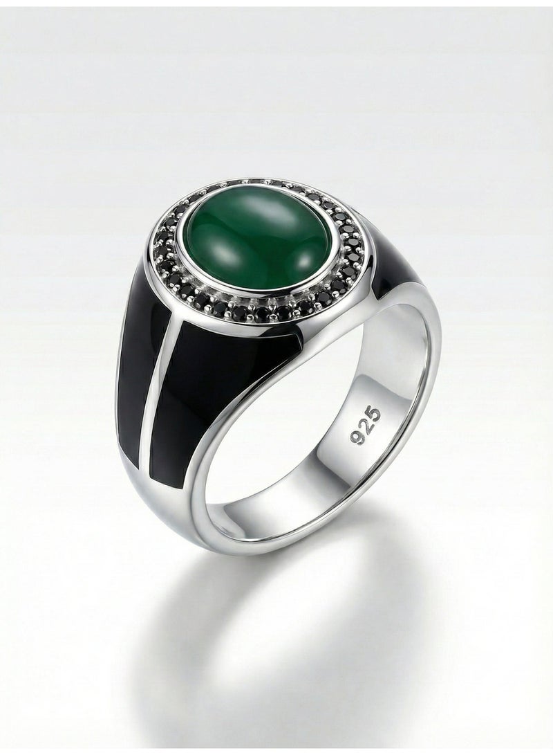 FINE SILVER 925 Sterling Silver Men's Modern Signet Ring with Oval Green Stone and Black Enamel - Image 1