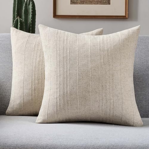 FUTEI Oatmeal Decorative Throw Pillow Covers 18x18 Inch Set of 2Soft Linen Striped Texture Cushion CaseFarmhouse Home Decor for Couch Bed Living Room - Image 1