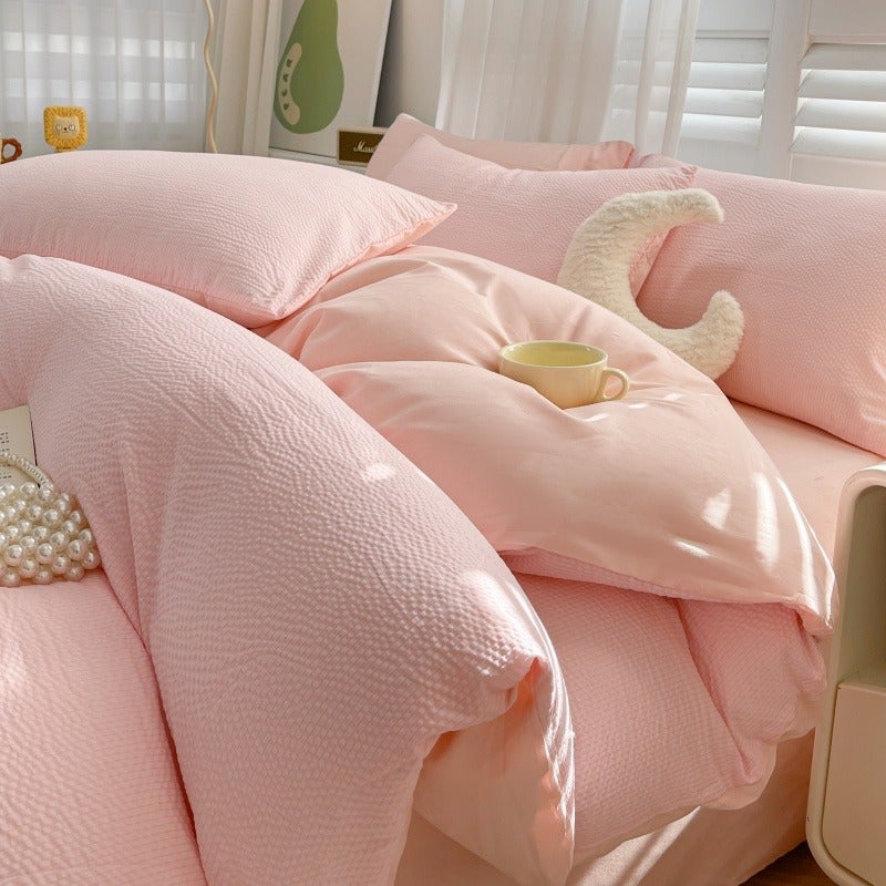 4pcs Ultra Soft Seersucker Bedding (1 Duvet Cover + 1 Bed Sheet + 2 Pillowcases) - Suitable for Bedroom, Dormitory, Guest Room, All Seasons, Easy Care - Image 4