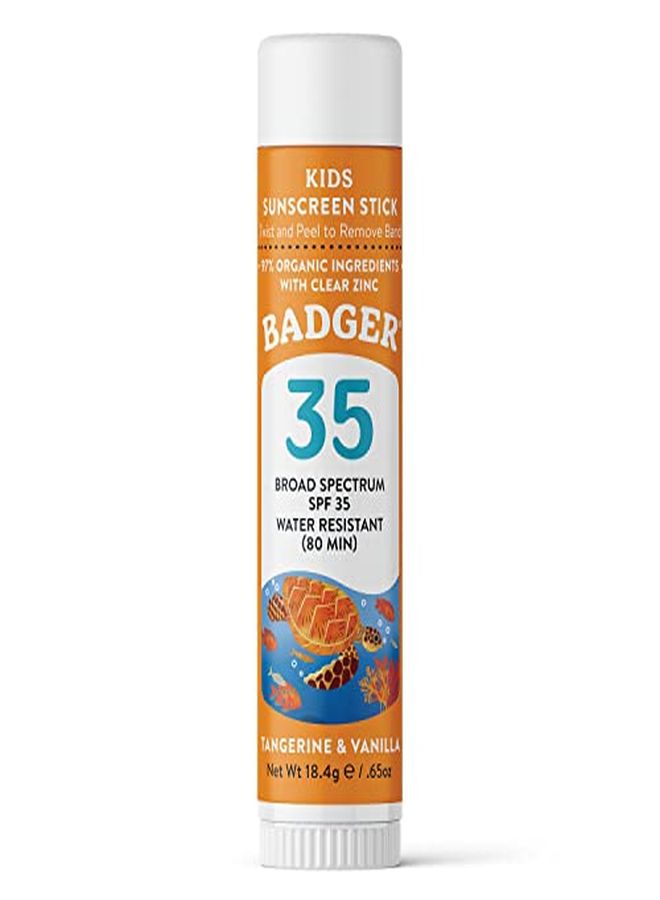 Badger كريم الوقاية من أشعة الشمس للأطفال بعامل حماية من أشعة الشمس 35 من ReefFriendly BroadSpectrum WaterResistant للأطفال مع أكسيد الزنك بنكهة اليوسفي والفانيليا، 0.65 أونصة - Image 1