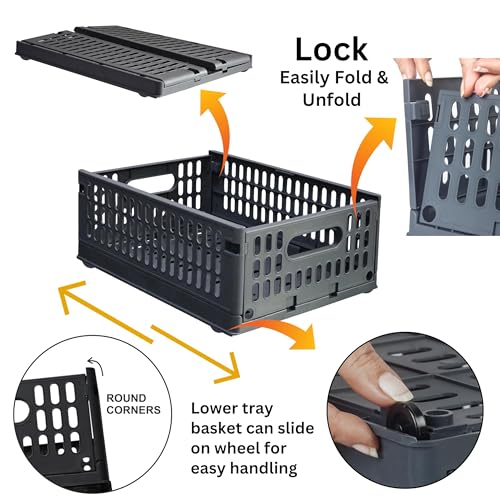 Aditya polymers Plastic Storage Crates 10 Kg Capacity Grey | 2 Pc Foldable Stackable Collapsible Storage Boxes with Wheels & Side Handles | Multipurpose Portable Utility Basket Organizer for Home - Image 5