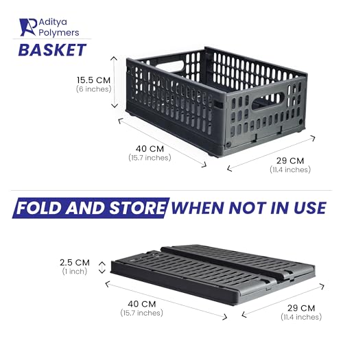 Aditya polymers Plastic Storage Crates 10 Kg Capacity Grey | 2 Pc Foldable Stackable Collapsible Storage Boxes with Wheels & Side Handles | Multipurpose Portable Utility Basket Organizer for Home - Image 4