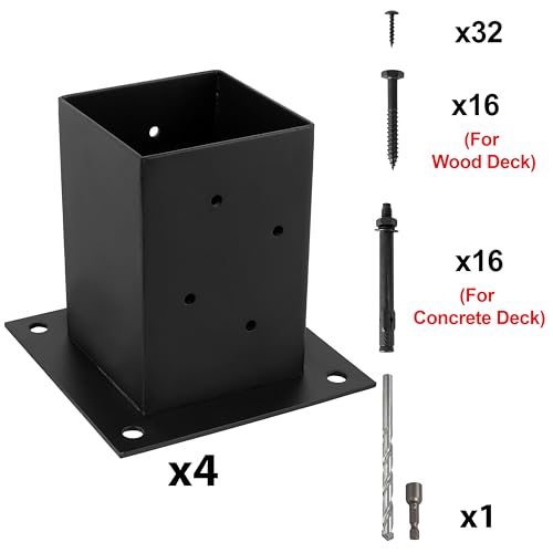 LADECH (4 PCS) LADECH 4x4 Wood Fence Post Anchor Base, 2mm Thick Steel and Black Powder Coated,Come with Wood Screws and Concrete Anchors (Black - 4 PCS) - Image 4